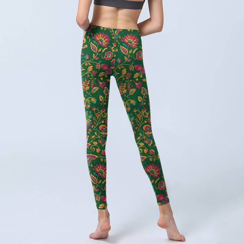 Leggings de yoga para mujer con estampado de hojas y flores de colores brillantes y Buddha Stones - image 6