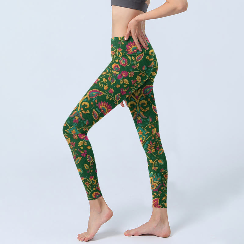 Leggings de yoga para mujer con estampado de hojas y flores de colores brillantes y Buddha Stones - image 2