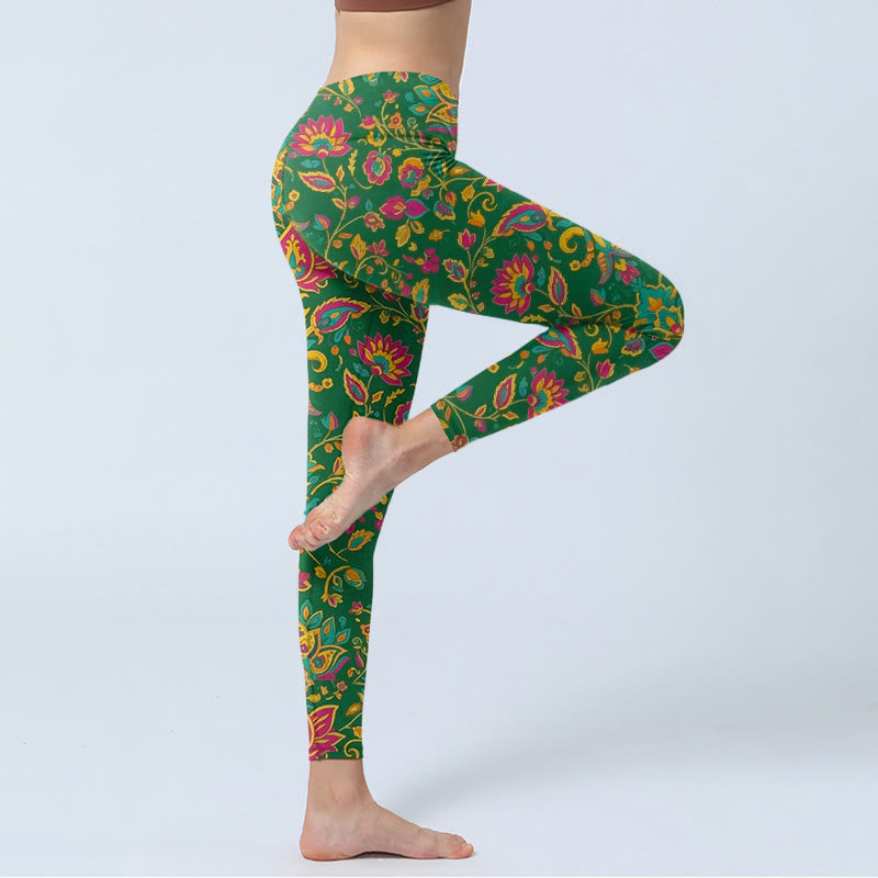 Leggings de yoga para mujer con estampado de hojas y flores de colores brillantes y Buddha Stones - image 3