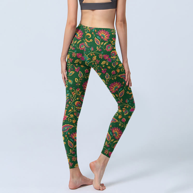 Leggings de yoga para mujer con estampado de hojas y flores de colores brillantes y Buddha Stones - image 4