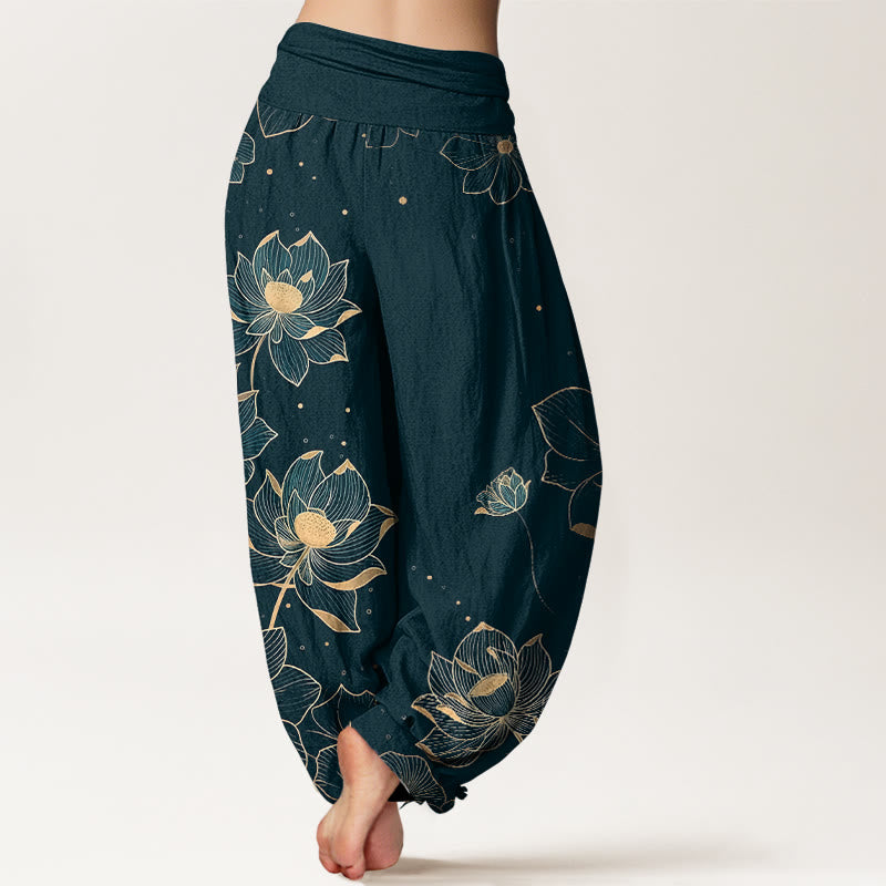 Pantalones harén de algodón puro con estampado de loto delicado y Buddha Stones para mujer, cintura elástica - image 1