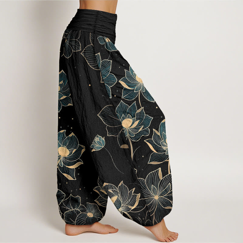 Pantalones harén de algodón puro con estampado de loto delicado y Buddha Stones para mujer, cintura elástica - image 7