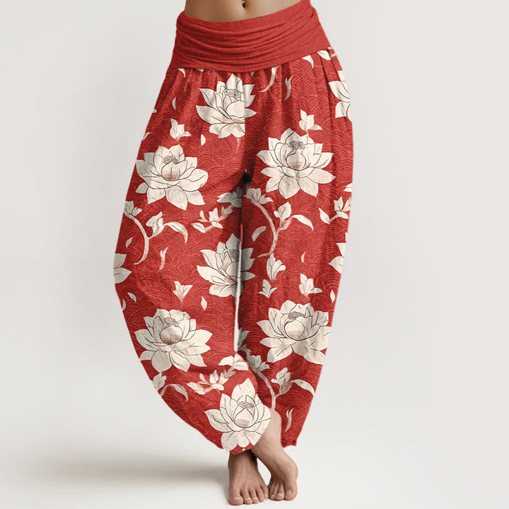 Pantalones Buddha Stones de algodón puro con estampado de loto beige y cintura elástica para mujer - Rojo - US16，UK/AU20，EU48 (3XL) - image 0