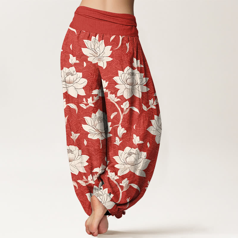 Pantalones Buddha Stones de algodón puro con estampado de loto beige y cintura elástica para mujer - image 1