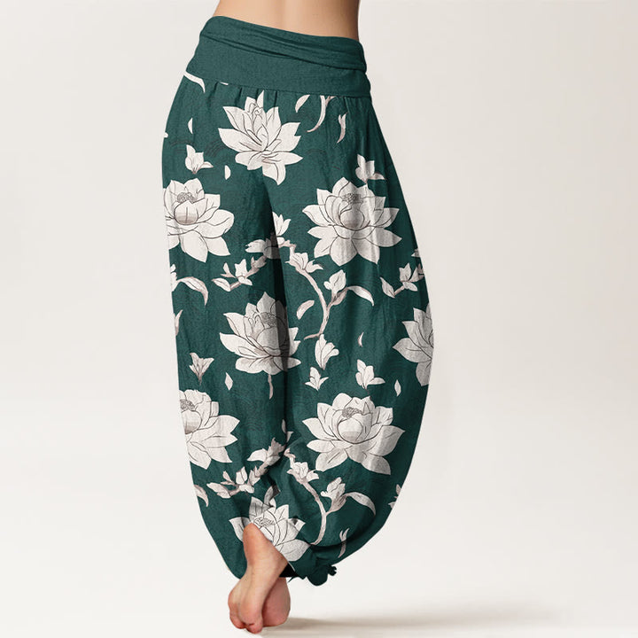 Pantalones Buddha Stones de algodón puro con estampado de loto beige y cintura elástica para mujer - image 9