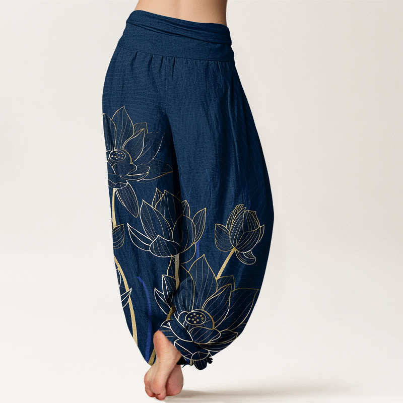 Pantalones harén de algodón puro con estampado de flor de loto minimalista y Buddha Stones para mujer, cintura elástica - image 1