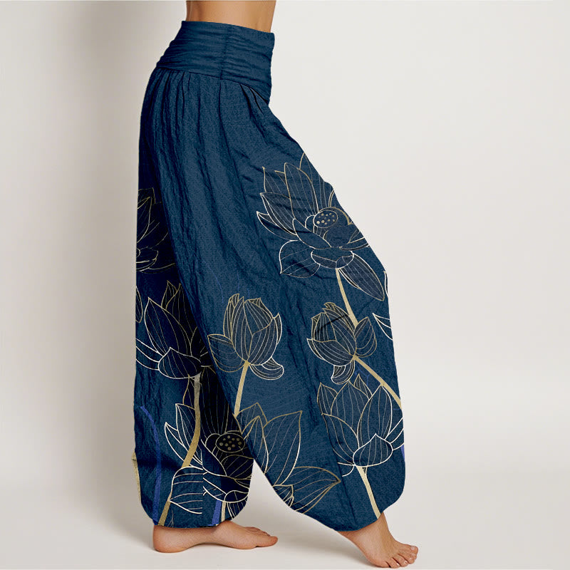 Pantalones harén de algodón puro con estampado de flor de loto minimalista y Buddha Stones para mujer, cintura elástica - image 2