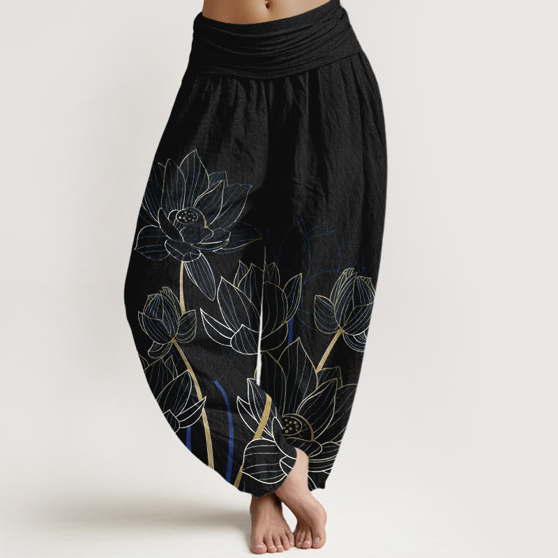 Pantalones harén de algodón puro con estampado de flor de loto minimalista y Buddha Stones para mujer, cintura elástica - Negro - US16，UK/AU20，EU48 (3XL) - image 5