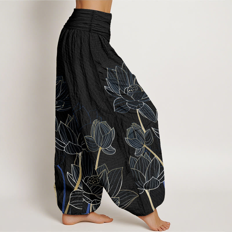 Pantalones harén de algodón puro con estampado de flor de loto minimalista y Buddha Stones para mujer, cintura elástica - image 7