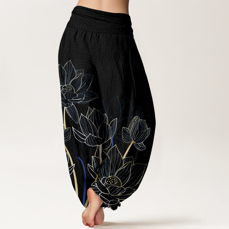 Pantalones harén de algodón puro con estampado de flor de loto minimalista y Buddha Stones para mujer, cintura elástica - image 6