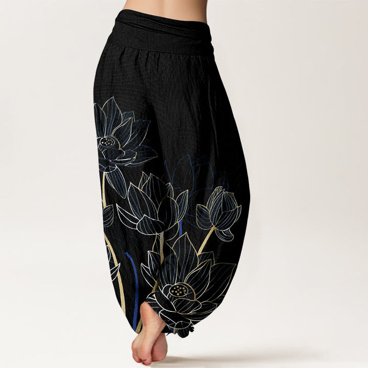 Pantalones harén de algodón puro con estampado de flor de loto minimalista y Buddha Stones para mujer, cintura elástica - image 6