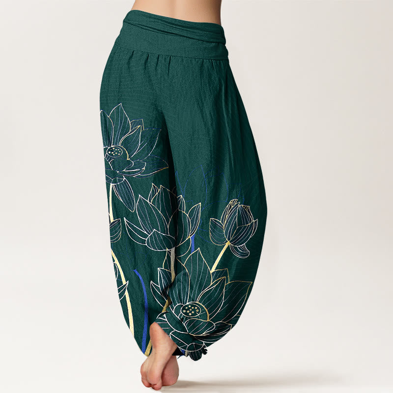 Pantalones harén de algodón puro con estampado de flor de loto minimalista y Buddha Stones para mujer, cintura elástica - image 9