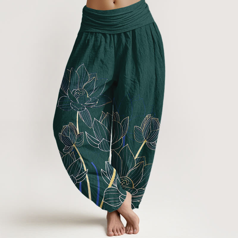 Pantalones harén de algodón puro con estampado de flor de loto minimalista y Buddha Stones para mujer, cintura elástica - Verde oscuro - US16，UK/AU20，EU48 (3XL) - image 8