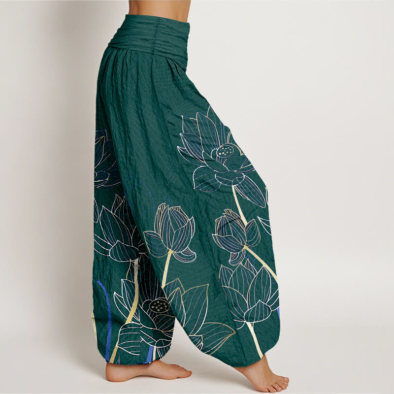 Pantalones harén de algodón puro con estampado de flor de loto minimalista y Buddha Stones para mujer, cintura elástica - image 10