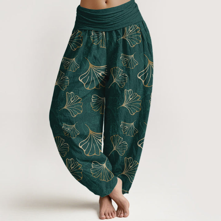 Pantalones harén de cintura elástica para mujer, estilo minimalista, con estampado de hojas de ginkgo y Buddha Stones en algodón puro - Verde oscuro - US16，UK/AU20，EU48 (3XL) - image 0