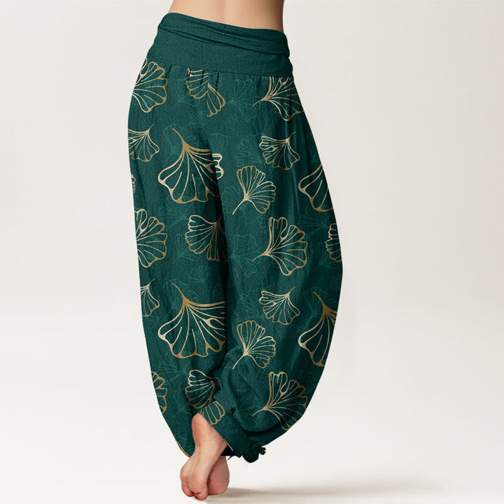 Pantalones harén de cintura elástica para mujer, estilo minimalista, con estampado de hojas de ginkgo y Buddha Stones en algodón puro - image 1