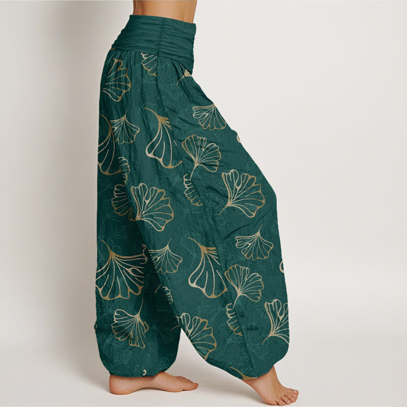 Pantalones harén de cintura elástica para mujer, estilo minimalista, con estampado de hojas de ginkgo y Buddha Stones en algodón puro - image 2