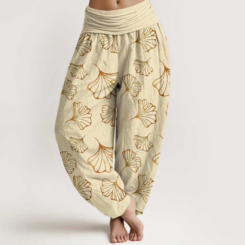 Pantalones harén de cintura elástica para mujer, estilo minimalista, con estampado de hojas de ginkgo y Buddha Stones en algodón puro - LimónChiffon - US16，UK/AU20，EU48 (3XL) - image 5