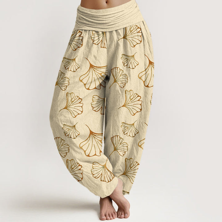 Pantalones harén de cintura elástica para mujer, estilo minimalista, con estampado de hojas de ginkgo y Buddha Stones en algodón puro - LimónChiffon - US16，UK/AU20，EU48 (3XL) - image 5