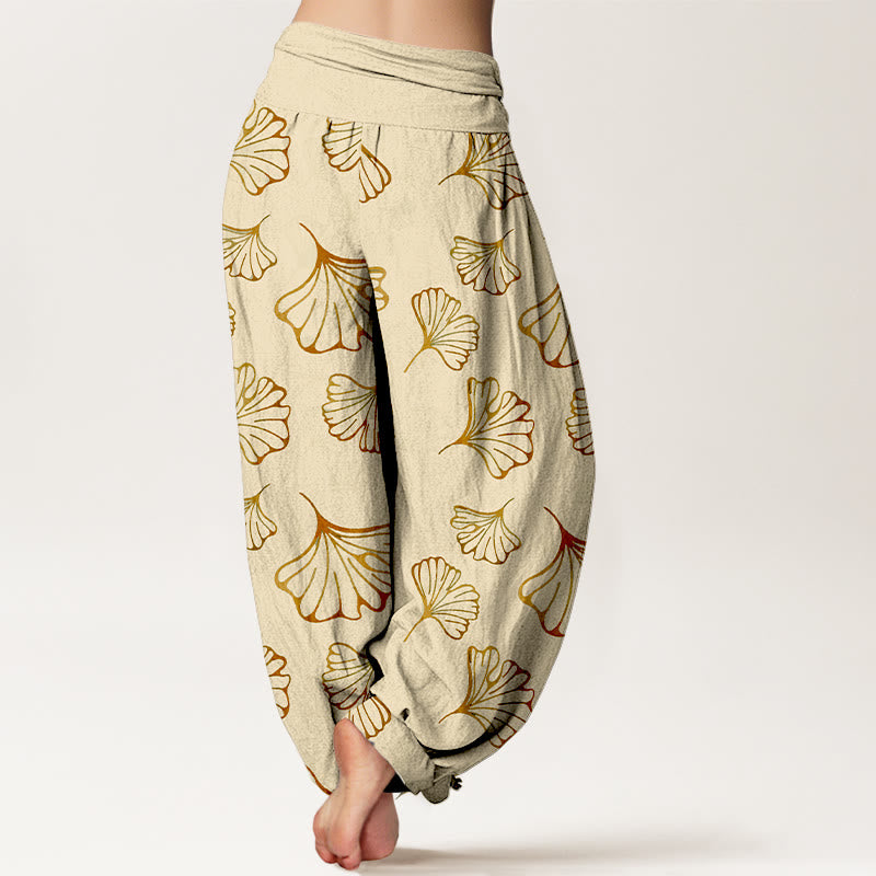 Pantalones harén de cintura elástica para mujer, estilo minimalista, con estampado de hojas de ginkgo y Buddha Stones en algodón puro - image 6