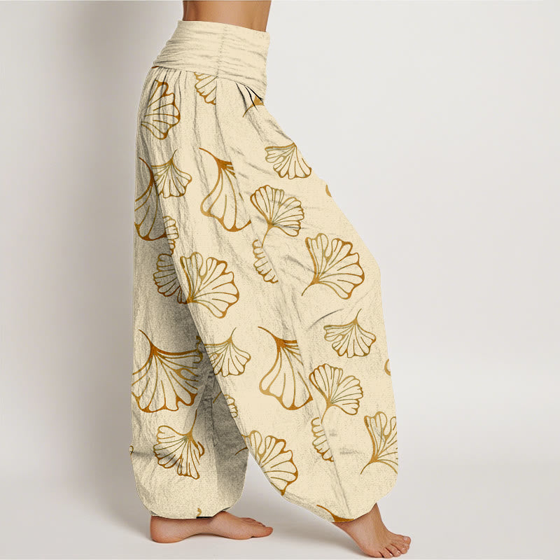 Pantalones harén de cintura elástica para mujer, estilo minimalista, con estampado de hojas de ginkgo y Buddha Stones en algodón puro - image 7