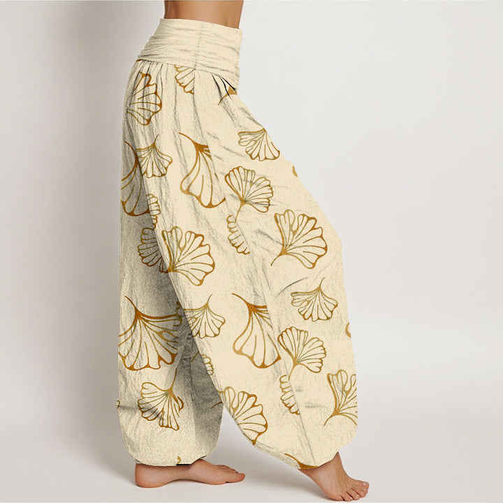 Pantalones harén de cintura elástica para mujer, estilo minimalista, con estampado de hojas de ginkgo y Buddha Stones en algodón puro - image 7