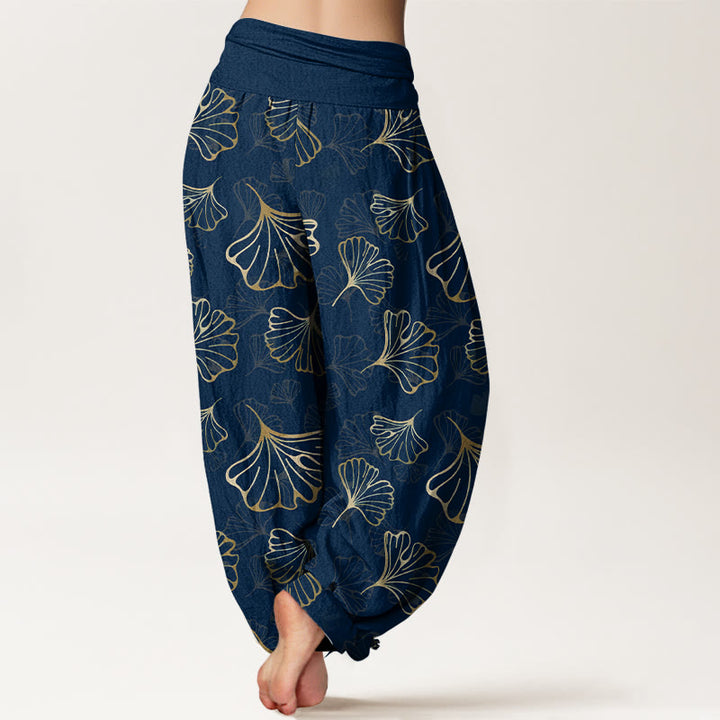 Pantalones harén de cintura elástica para mujer, estilo minimalista, con estampado de hojas de ginkgo y Buddha Stones en algodón puro - image 9