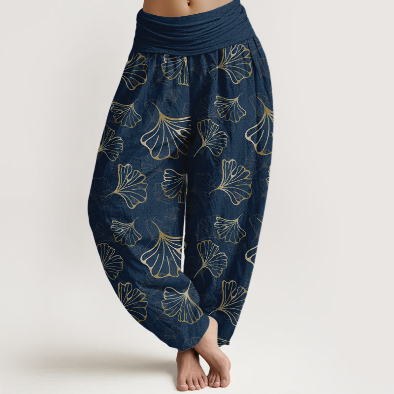 Pantalones harén de cintura elástica para mujer, estilo minimalista, con estampado de hojas de ginkgo y Buddha Stones en algodón puro - Azul oscuro - US16，UK/AU20，EU48 (3XL) - image 8