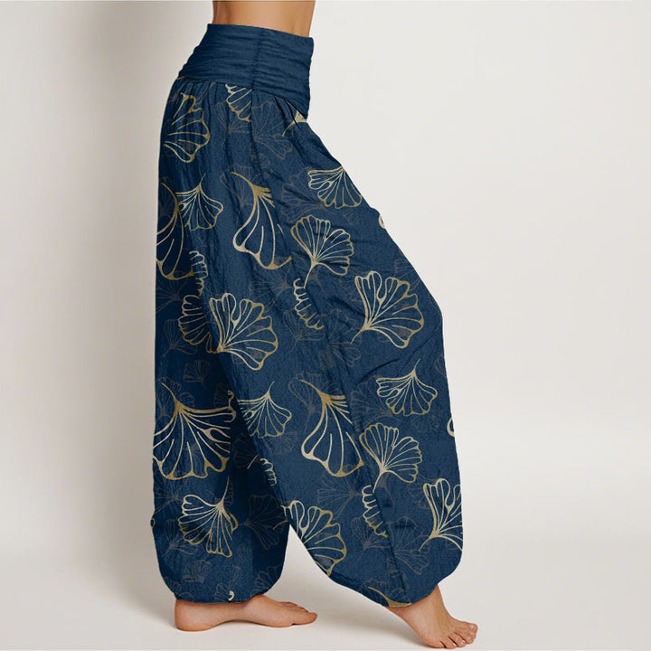 Pantalones harén de cintura elástica para mujer, estilo minimalista, con estampado de hojas de ginkgo y Buddha Stones en algodón puro - image 10