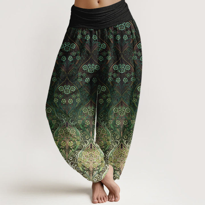 Pantalones Buddha Stones de algodón puro con estampado floral retro para mujer, cintura elástica - Verde oscuro - US16，UK/AU20，EU48 (3XL) - image 8