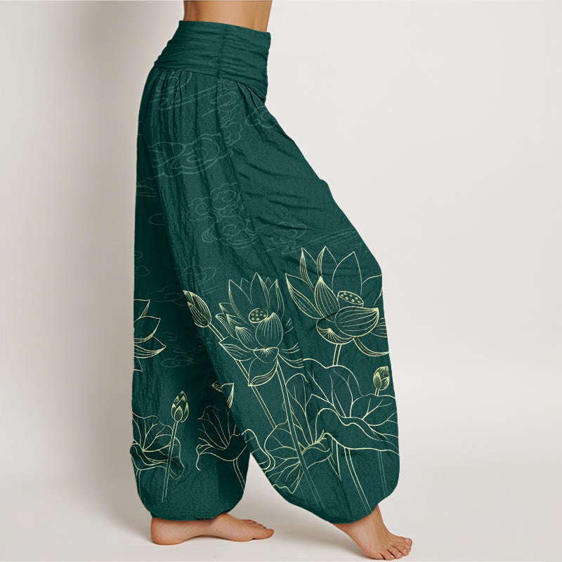Pantalones Buddha Stones de algodón puro con diseño de flor de loto, hojas, capullos y nubes para mujer, con cintura elástica - image 2