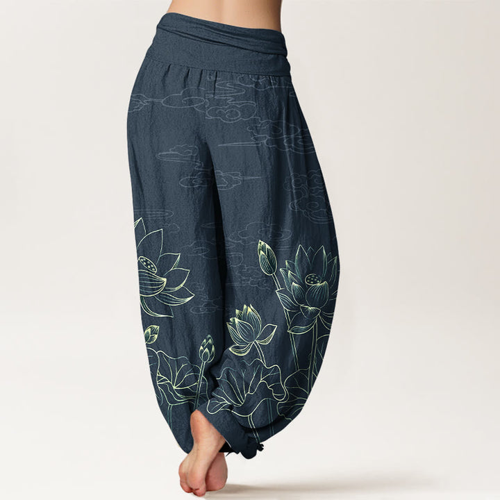 Pantalones Buddha Stones de algodón puro con diseño de flor de loto, hojas, capullos y nubes para mujer, con cintura elástica - image 6