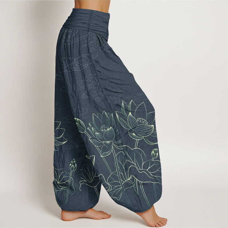 Pantalones Buddha Stones de algodón puro con diseño de flor de loto, hojas, capullos y nubes para mujer, con cintura elástica - image 7