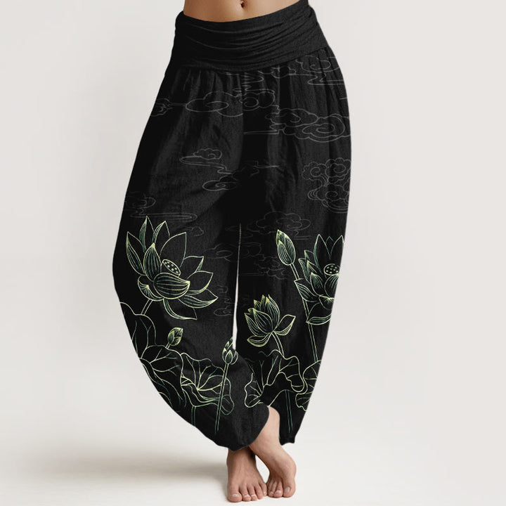 Pantalones Buddha Stones de algodón puro con diseño de flor de loto, hojas, capullos y nubes para mujer, con cintura elástica - Negro - US16，UK/AU20，EU48 (3XL) - image 8