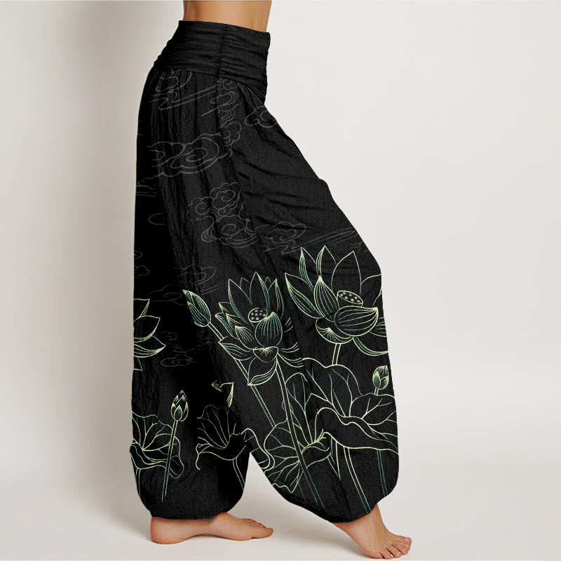 Pantalones Buddha Stones de algodón puro con diseño de flor de loto, hojas, capullos y nubes para mujer, con cintura elástica - image 10