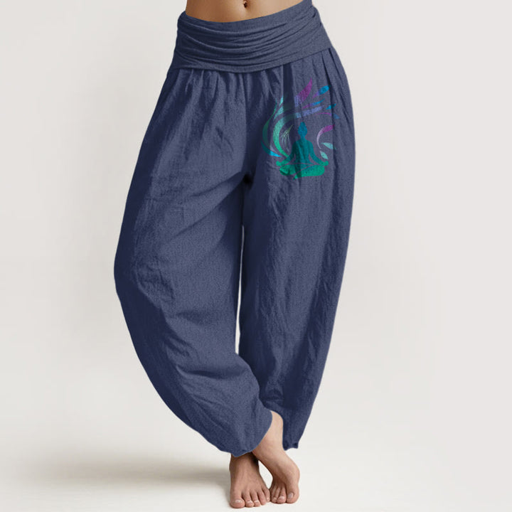 Pantalones Buddha Stones de algodón puro con diseño de figura humana y composición sencilla para mujer, cintura elástica - Azul pizarra oscuro - US16，UK/AU20，EU48 (3XL) - image 8