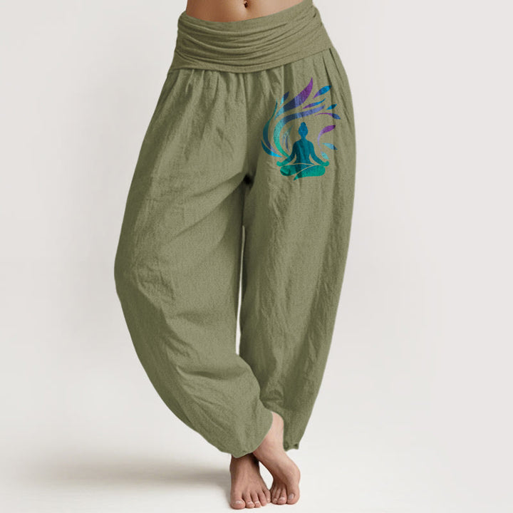 Pantalones Buddha Stones de algodón puro con diseño de figura humana y composición sencilla para mujer, cintura elástica - Verde oliva - US16，UK/AU20，EU48 (3XL) - image 14