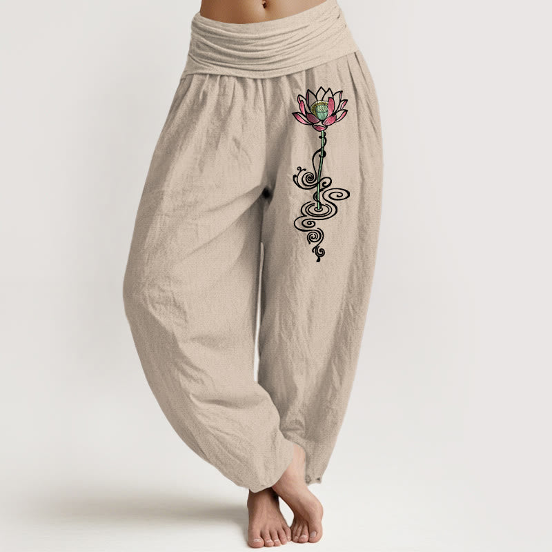Pantalones Buddha Stones de algodón puro con estampado de flor de loto para mujer, cintura elástica - Broncearse - US16，UK/AU20，EU48 (3XL) - image 11