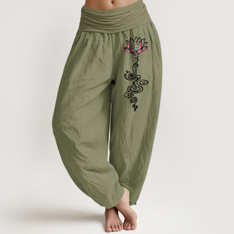 Pantalones Buddha Stones de algodón puro con estampado de flor de loto para mujer, cintura elástica - Verde oliva - US16，UK/AU20，EU48 (3XL) - image 14