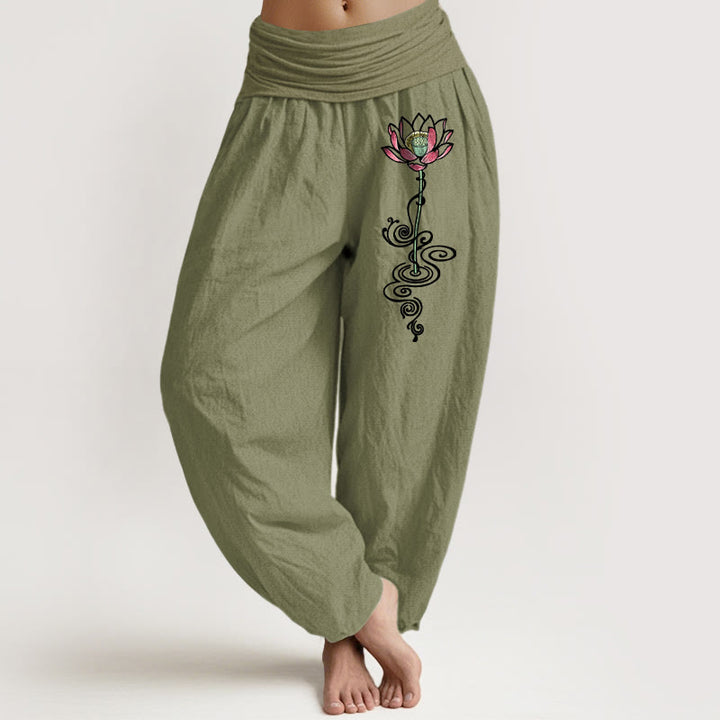 Pantalones Buddha Stones de algodón puro con estampado de flor de loto para mujer, cintura elástica - Verde oliva - US16，UK/AU20，EU48 (3XL) - image 14