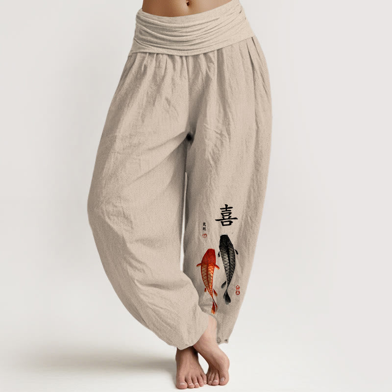 Pantalones Buddha Stones de algodón puro con estampado de peces koi y caracteres chinos para mujer, cintura elástica - Broncearse - US16，UK/AU20，EU48 (3XL) - image 0
