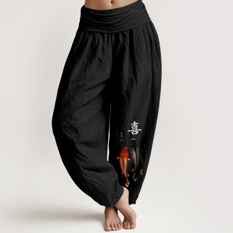 Pantalones Buddha Stones de algodón puro con estampado de peces koi y caracteres chinos para mujer, cintura elástica - Negro - US16，UK/AU20，EU48 (3XL) - image 5