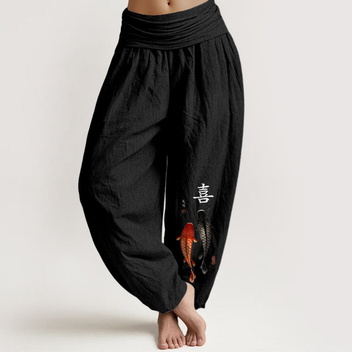 Pantalones Buddha Stones de algodón puro con estampado de peces koi y caracteres chinos para mujer, cintura elástica - Negro - US16，UK/AU20，EU48 (3XL) - image 5