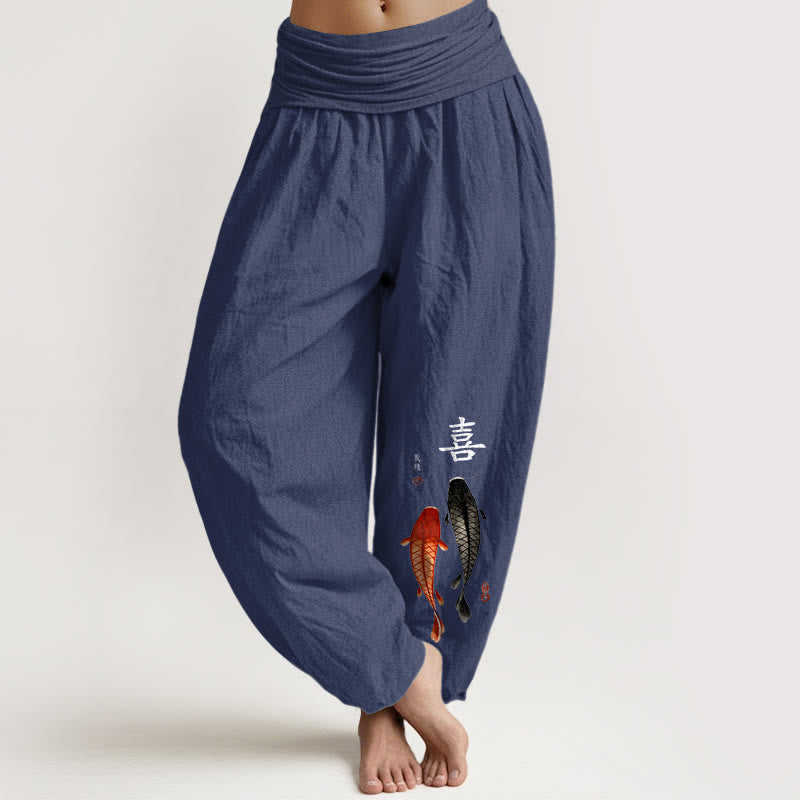 Pantalones Buddha Stones de algodón puro con estampado de peces koi y caracteres chinos para mujer, cintura elástica - Azul pizarra oscuro - US16，UK/AU20，EU48 (3XL) - image 8