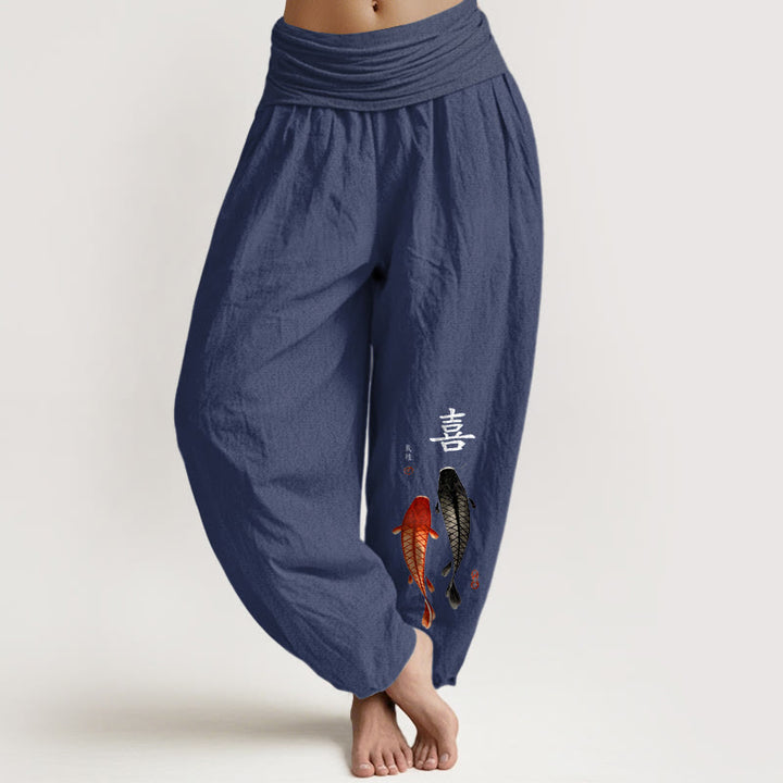 Pantalones Buddha Stones de algodón puro con estampado de peces koi y caracteres chinos para mujer, cintura elástica - Azul pizarra oscuro - US16，UK/AU20，EU48 (3XL) - image 8