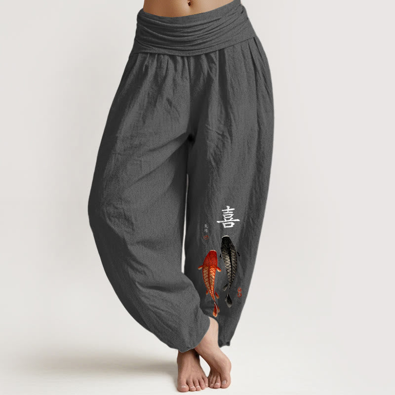 Pantalones Buddha Stones de algodón puro con estampado de peces koi y caracteres chinos para mujer, cintura elástica - Gris oscuro - US16，UK/AU20，EU48 (3XL) - image 11