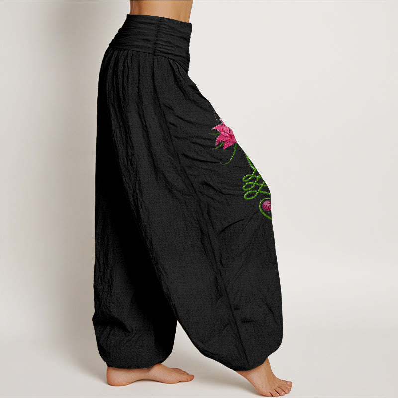 Pantalones Buddha Stones de algodón puro con estampado de flor de loto y contraste de colores intensos para mujer, con cintura elástica - image 2