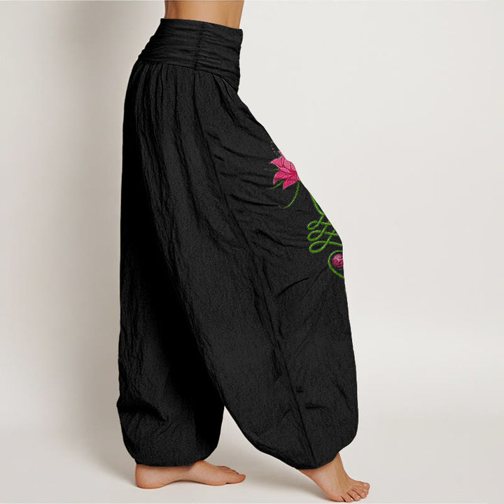 Pantalones Buddha Stones de algodón puro con estampado de flor de loto y contraste de colores intensos para mujer, con cintura elástica - image 2