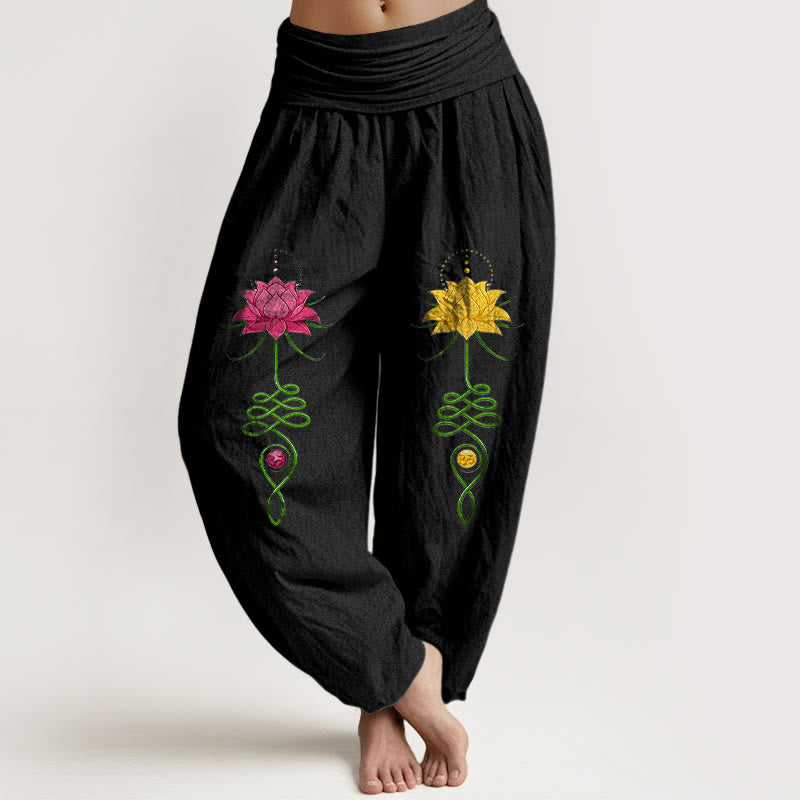Pantalones Buddha Stones de algodón puro con estampado de flor de loto y contraste de colores intensos para mujer, con cintura elástica - Negro - US16，UK/AU20，EU48 (3XL) - image 0