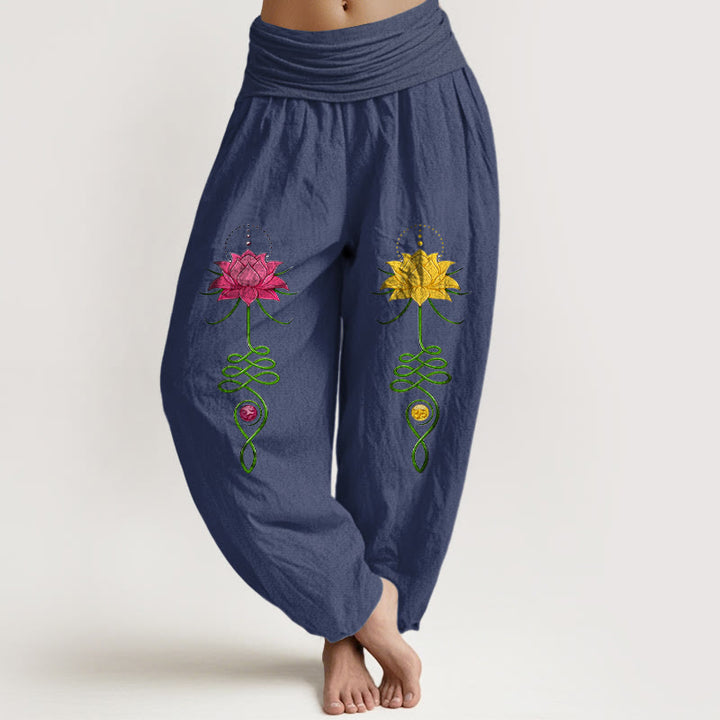 Pantalones Buddha Stones de algodón puro con estampado de flor de loto y contraste de colores intensos para mujer, con cintura elástica - Azul pizarra oscuro - US16，UK/AU20，EU48 (3XL) - image 5